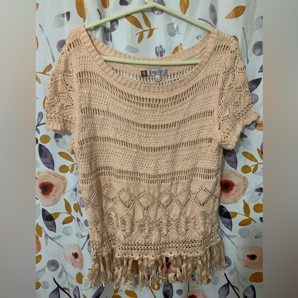 🔥5/$25 Jennifer Lopez Peach Crochet Fringe Tunic Top Sz M